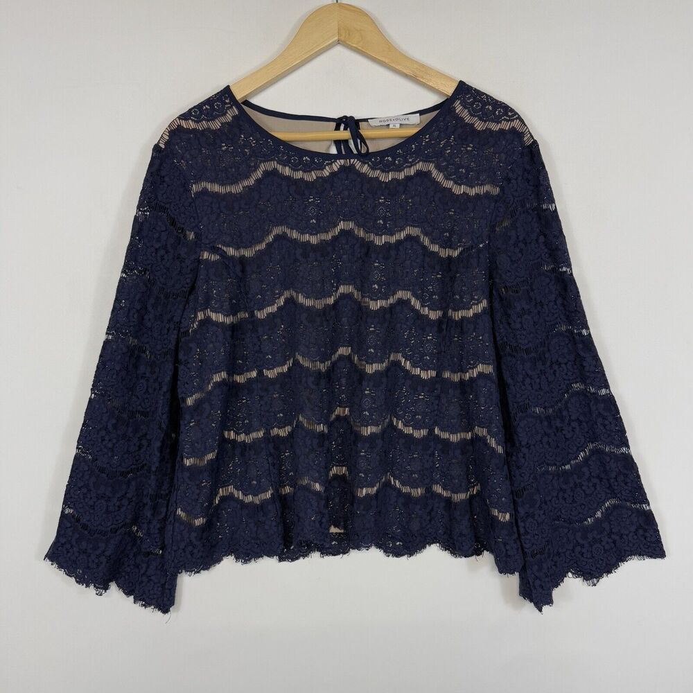 Rose + Olive‎ Navy Blue Lace Fringe Flare 3/4 Sleeve Blouse Shirt Top Women's XL